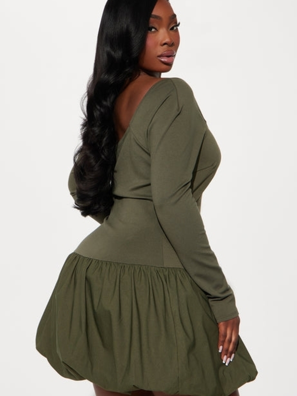 Sweet Girl Long Sleeve Bubble Mini Fashion Nova Olive Green V-Back Midi Dress